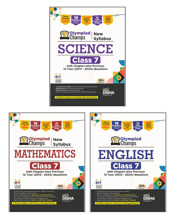 Disha Combo (3 books) Olympiad Champs Science, Mathematics, English Class 7 with Past Questions with Chapter-wise Previous 12 Year (2013 - 2024) Questions 5th Edition | 2026 Exam