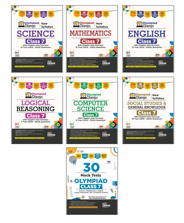 Disha Combo (7 Books) Olympiad Champs Science, Mathematics, English, Computer Science, Logical Reasoning & Social Studies/ GK Class 7 with 30 Mock Tests 6th Edition | 2026 Exam