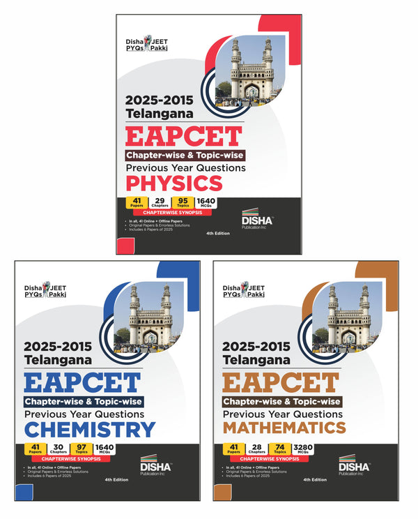 Disha 2025 - 2015 Telangana EAPCET Chapter-wise & Topic-wise Physics, Chemistry & Mathematics Previous Year Questions with Synopsis 4th Edition| 7000+ PYQs PCM Question Bank for 2026 Exams | EAMCET
