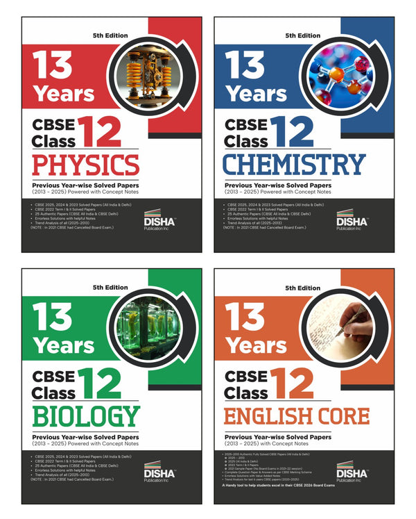 Disha Combo (4 Books) 13 Years CBSE Class 12 Solved Physics, Chemistry, Biology & English Core Previous Year-wise Question Papers (2013 - 2025) 4th Edn | PYQs | 2026 CBSE Question Bank Class 12