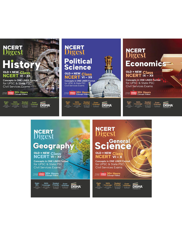 Combo (set of 5 Books) NCERT Digest – Old + New NCERT Class VI – XII Concepts in ONE LINER Format for UPSC & State PSC Civil Services History, Political Science, Economics, General Science & Geography with 150+ Hours Video Course