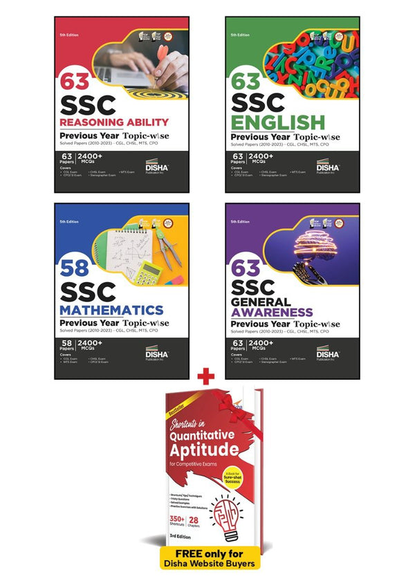 Combo (set of 4 Books) 63 SSC Mathematics, English, Reasoning Ability & General Awareness Previous Year Topic-wise Solved Papers (2010 - 2023) - CGL, CHSL, MTS, CPO - set of 4 Books 5th Edition | 9600+ PYQs