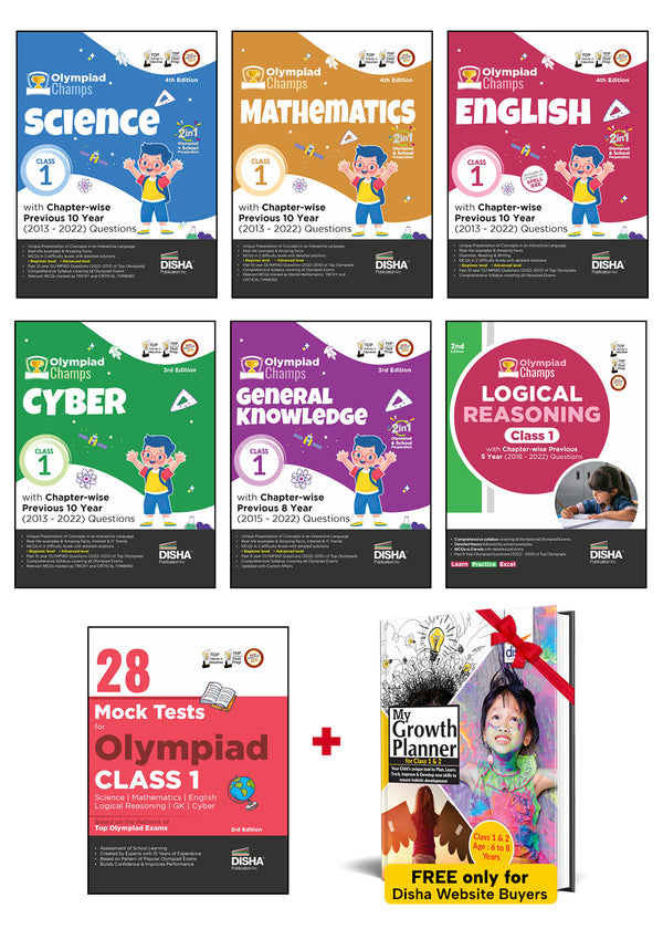 Class 1 Olympiad Champs Combo (set of 7 books) Science, Mathematics, English, Logical Reasoning, Cyber & GK with 28 Mock Tests 3rd Edition | Chapter-wise Previous 10 Year (2013 - 2022) Questions