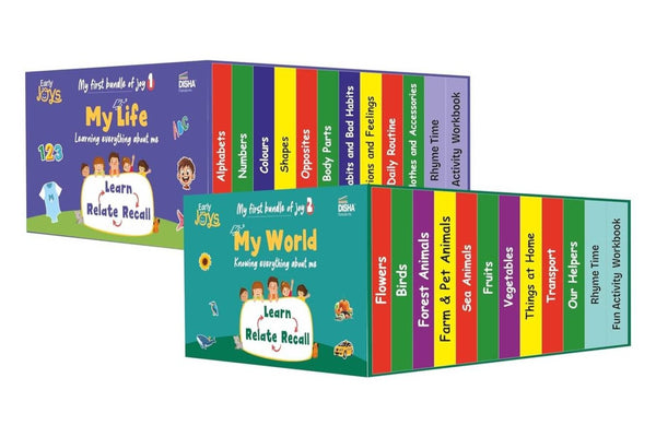 Early Joys - My First Bundle of Joy Theme 1 & 2 - MY LIFE & MY WORLD, Children Ages 1 to 5 | Kids Mini Library Gift Boxset of 20 Board Books, 4 Activity/ Rhyme Books & 4 Charts packed in 2 Utility Boxes for Moms