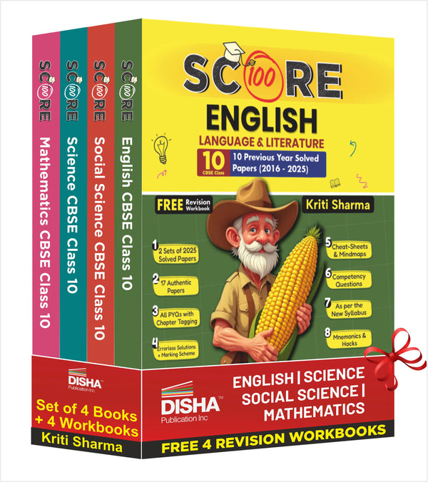 Disha (Set of 4 Books with 4 Workbooks) Score 100 Science, Mathematics (Standard), Social Science, English Language & Literature CBSE Class 10 - 10 Year-wise Solved Papers (2016 - 2025) 5th Edn | 2026 Exam